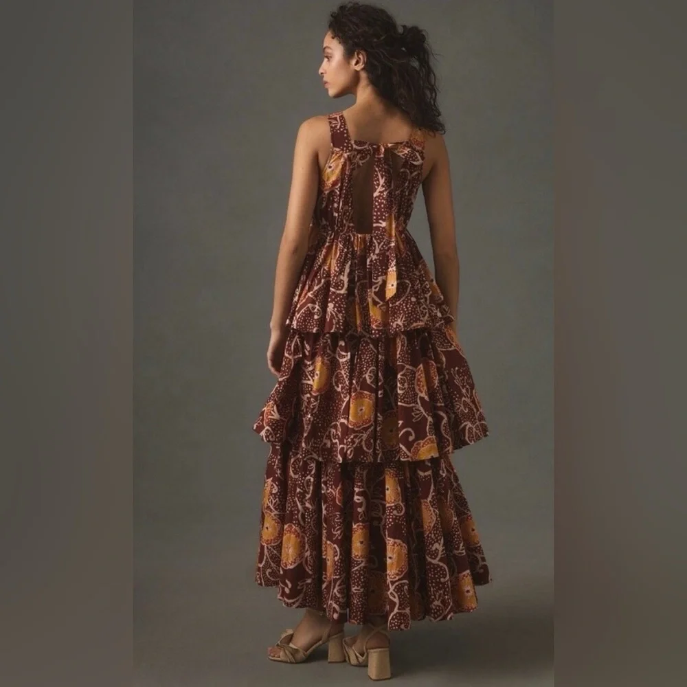 Anthropologie Atsu V-Neck Brown and Gold Ruffled Maxi Dress - Picture 2 of 10